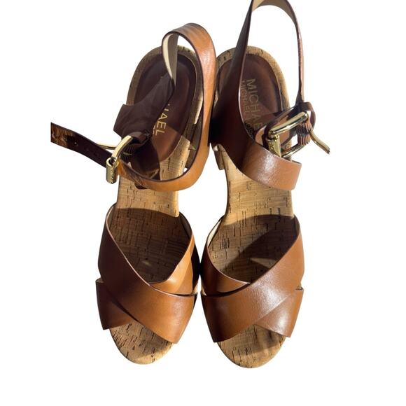 Michael Kors Walnut Natalia 8.5 Leather Platform Sandal Brown Cork 4.5 Inch Heel - Picture 7 of 10